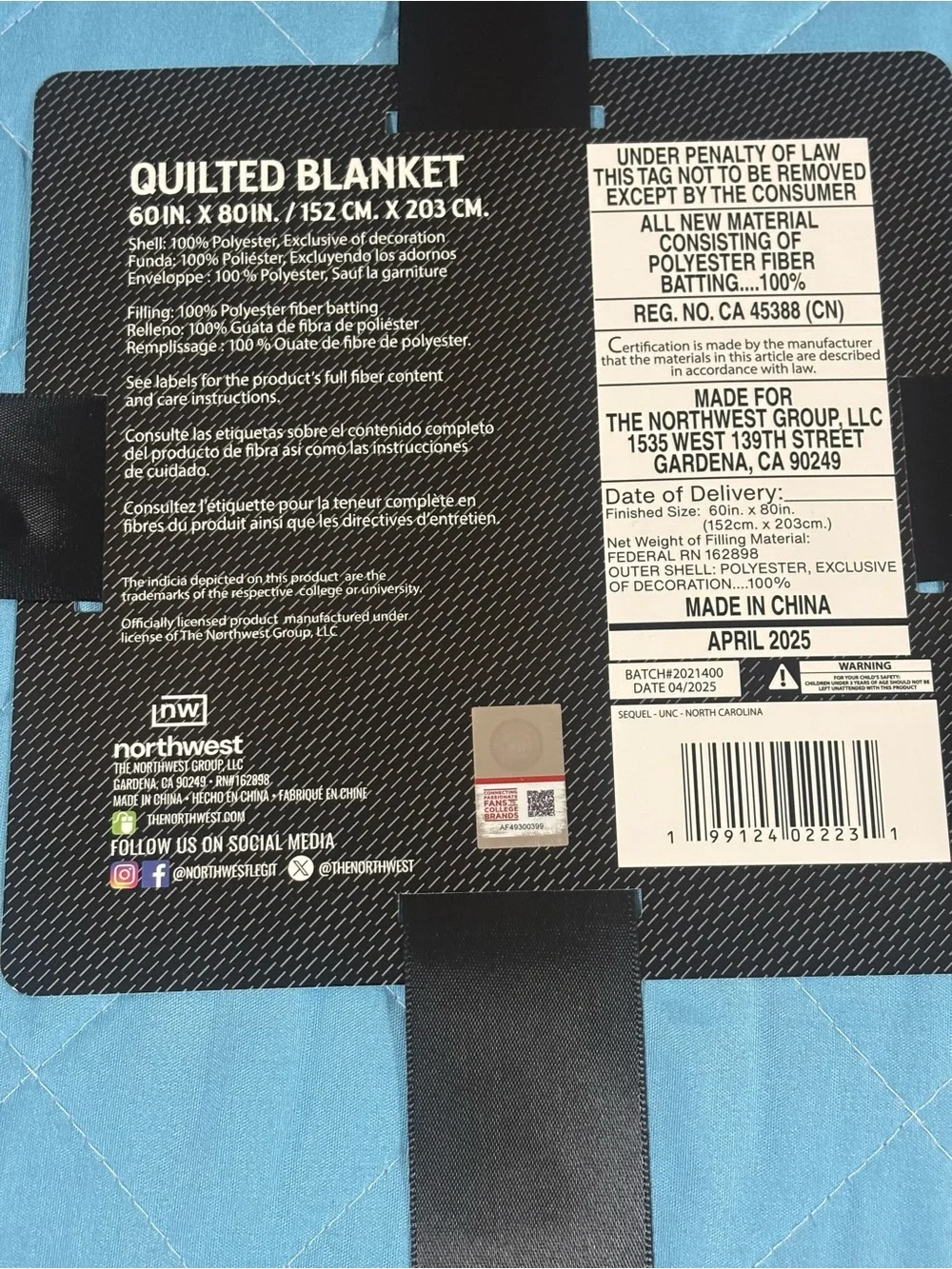NCAA UNC Tar Heels Quilted Blanket Brand New